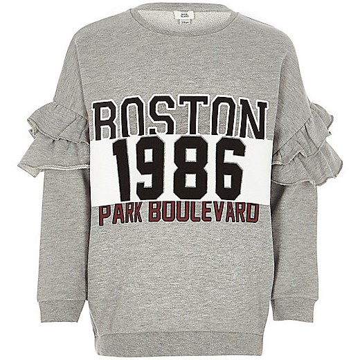 Girls grey 'Boston' ruffle sleeve sweatshirt 