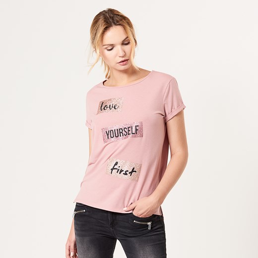 Mohito - Koszulka z brokatowym nadrukiem - Różowy Mohito bezowy L 