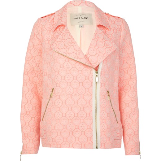 Pink tile print jacquard biker jacket