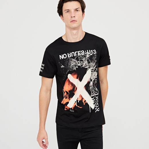 Cropp - T-shirt z nadrukiem - Czarny Cropp bezowy L 