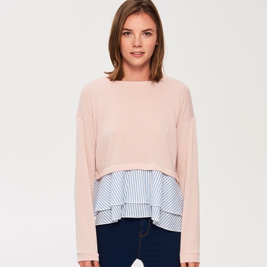 Sinsay - Sweter z bawełnianymi falbanami - Różowy bezowy Sinsay XS 