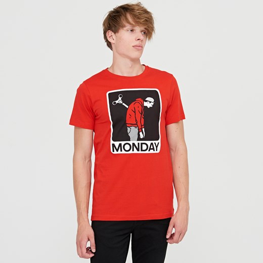 Cropp - T-shirt z nadrukiem monday - Czerwony Cropp pomaranczowy M 