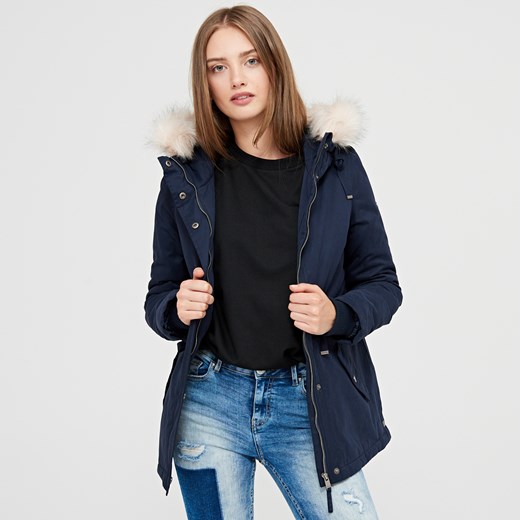 Cropp - Parka z futrzanym kapturem - Granatowy czarny Cropp S