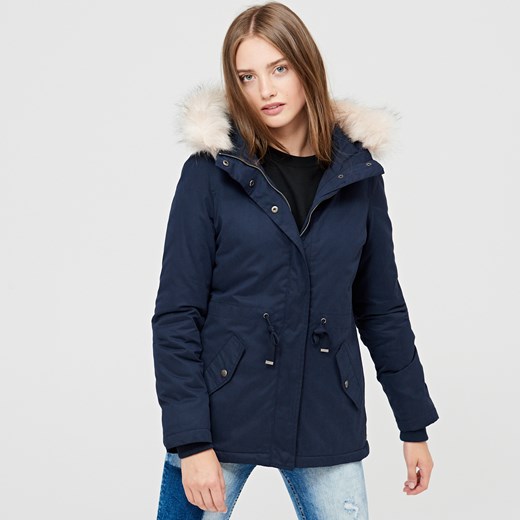 Cropp - Parka z futrzanym kapturem - Granatowy czarny Cropp S