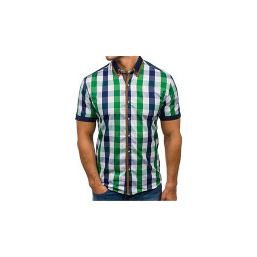 Koszula męska w kratę z krótkim rękawem zielona Bolf 5507-1