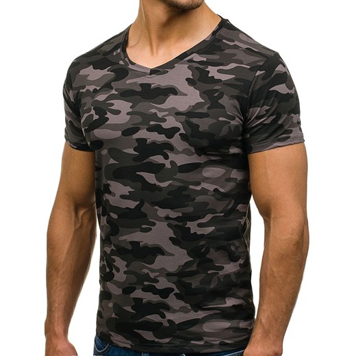 T-shirt męski z nadrukiem w serek moro-grafitowy Denley 4525