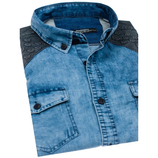Koszula męska jeansowa we wzory z długim rękawem niebieska Denley 0517-1