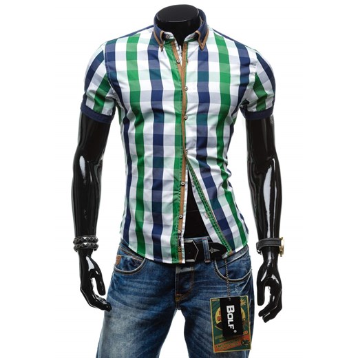Koszula męska w kratę z krótkim rękawem zielona Bolf 5507-1