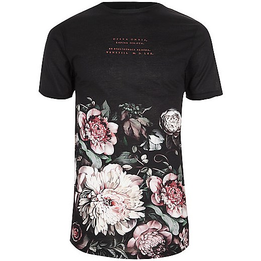 Black floral print crew neck T-shirt  River Island czarny  