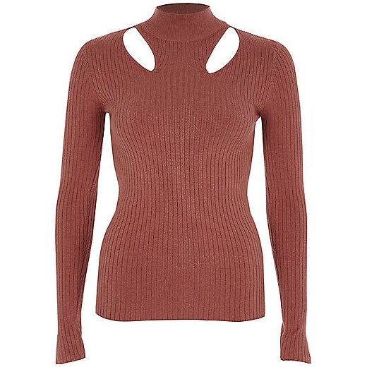 Pink rib knit cut out high neck top  River Island brazowy  