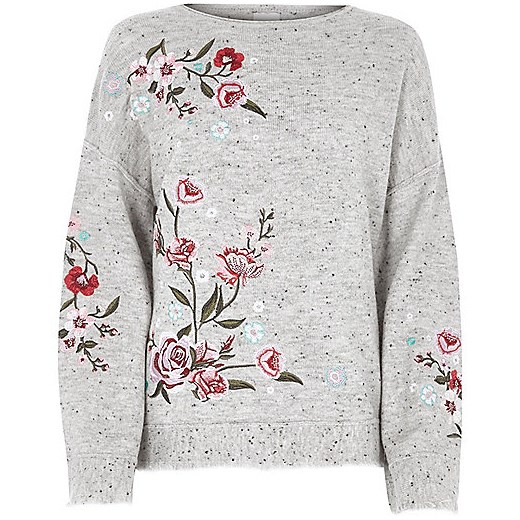 Grey floral embroidered jumper  szary River Island  