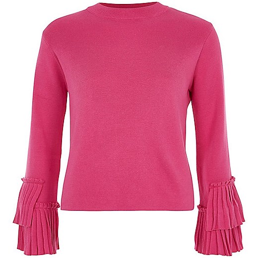 Pink high neck pleated sleeve knitted top  rozowy River Island  