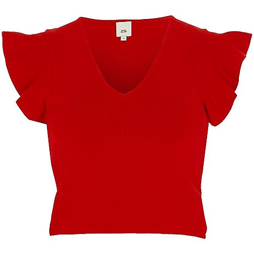 Red V neck frill sleeve knit crop top  czerwony River Island  