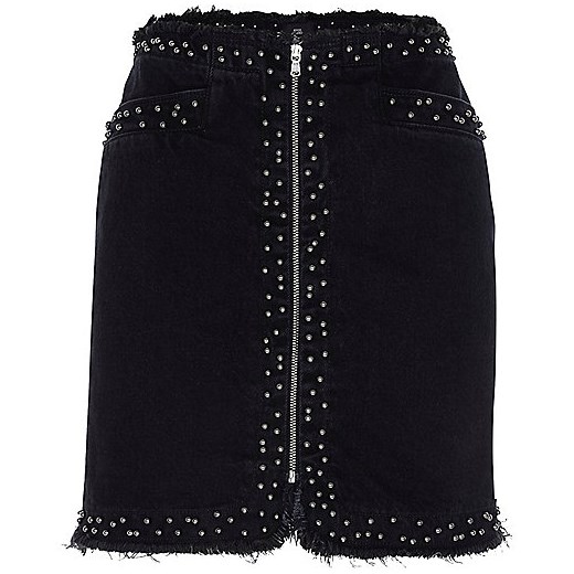 Black frayed studded zip front denim skirt  czarny River Island  
