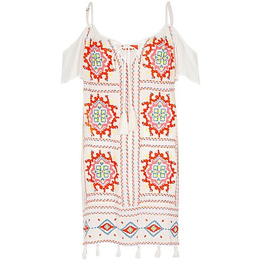 White cold shoulder embroidered dress  River Island bezowy  