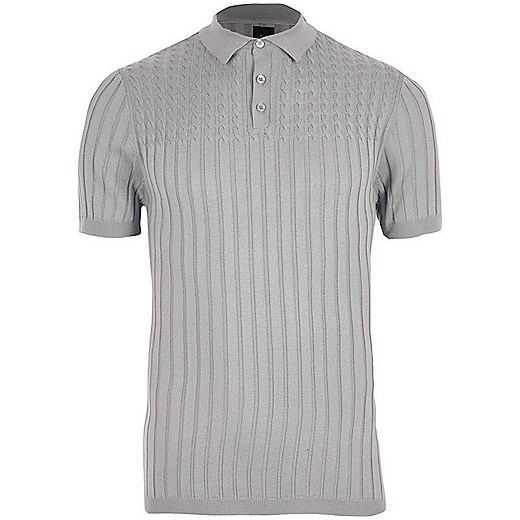Grey ribbed cable knit muscle fit polo shirt  River Island szary  