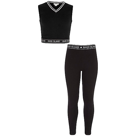 Girls black crop top and leggings outfit  czarny River Island  