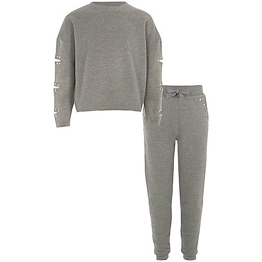 Girls grey marl sweatshirt and joggers outfit  szary River Island  