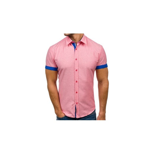 Koszula męska we wzory z krótkim rękawem różowa Bolf 6521