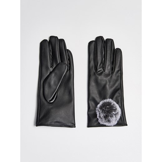 Sinsay - Rękawiczki z eko skóry z pomponami - Czarny szary Sinsay M/L 
