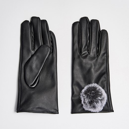 Sinsay - Rękawiczki z eko skóry z pomponami - Czarny Sinsay szary M/L 