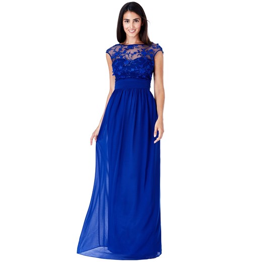 Luksusowa długa kobaltowa sukienka szyfonowa z siateczką i ozdobami 3D  granatowy XL stylovesukienki