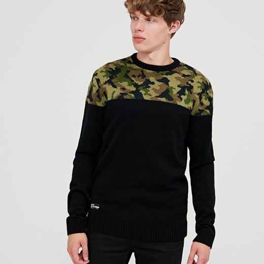 Cropp - Sweter z panelem moro - Zielony Cropp czarny S 