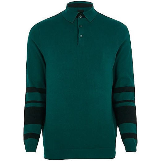 Green knit block sleeve slim fit polo shirt  zielony River Island  