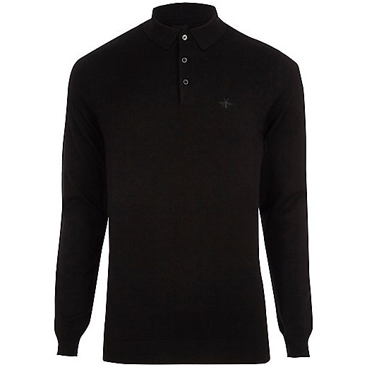Black slim fit long sleeve knitted polo shirt  czarny River Island  
