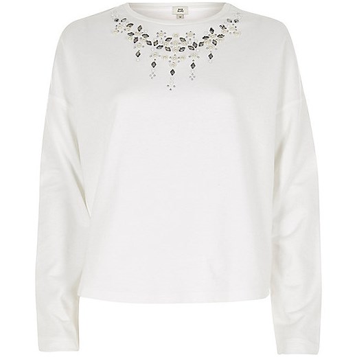 White necklace detail cropped sweatshirt  szary River Island  