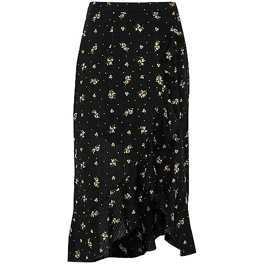 Black ditsy floral frill hem wrap maxi skirt  River Island czarny  