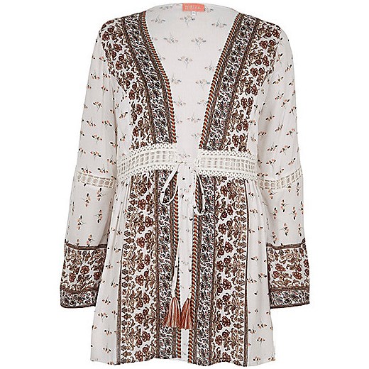 Brown floral print tie front kimono brazowy River Island