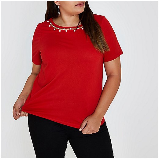 Plus red pearl necklace T-shirt  czerwony River Island  