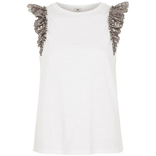 White sequin frill sleeve tank top  bialy River Island  
