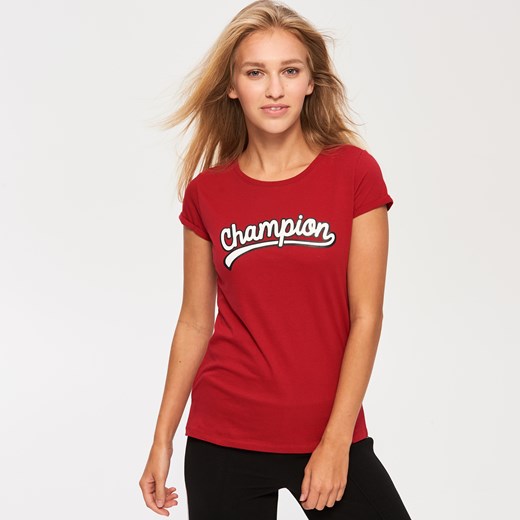 Sinsay - T-shirt z napisem - Czerwony czerwony Sinsay XS 