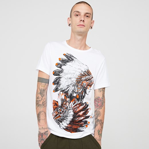 Cropp - T-shirt z grafiką pióropusz - Biały Cropp bezowy XXL 