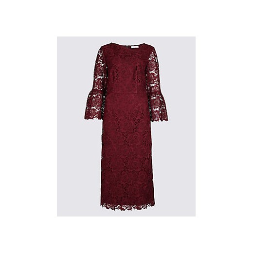 Lace Flute Sleeve Shift Midi Dress  Marks & Spencer czerwony  Marks&Spencer