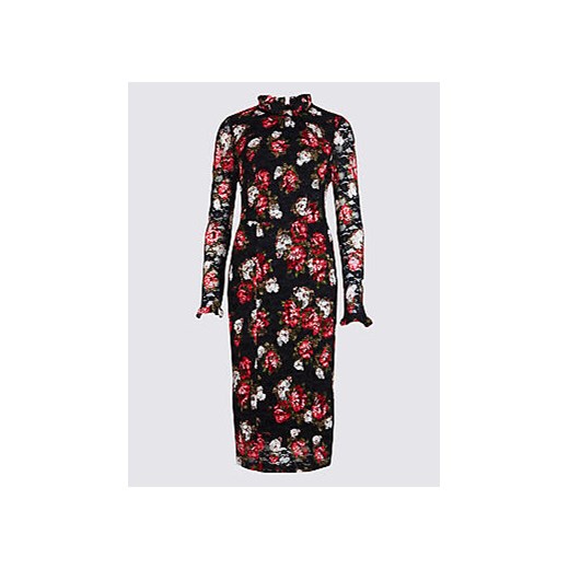 Floral Lace Long Sleeve Bodycon Midi Dress  czerwony Marks & Spencer  Marks&Spencer