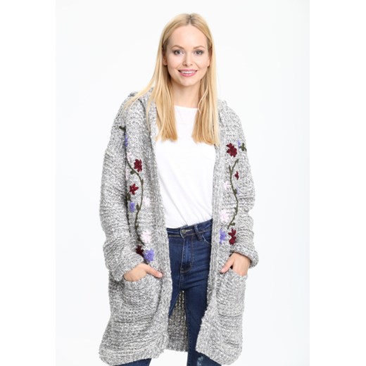 Szary Kardigan Flower  bialy S/M okazyjna cena Born2be Odzież 