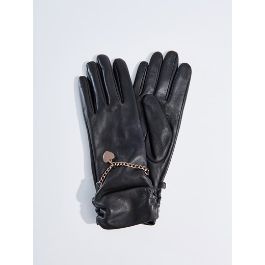 Mohito - Skórzane rękawiczki z ozdobnym łańcuszkiem - Czarny Mohito szary M 