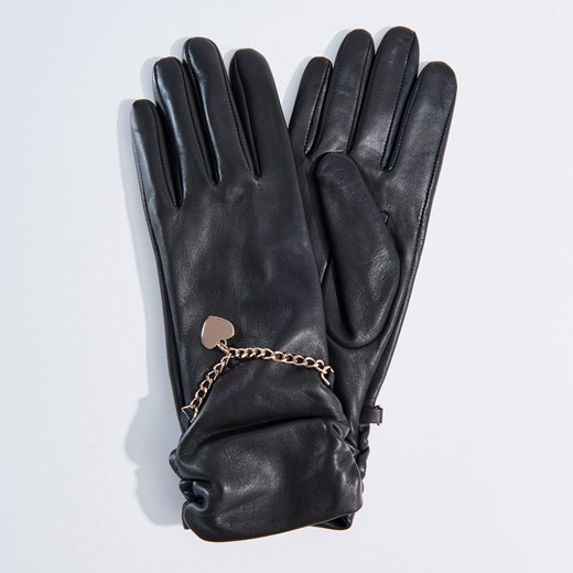 Mohito - Skórzane rękawiczki z ozdobnym łańcuszkiem - Czarny Mohito szary L 
