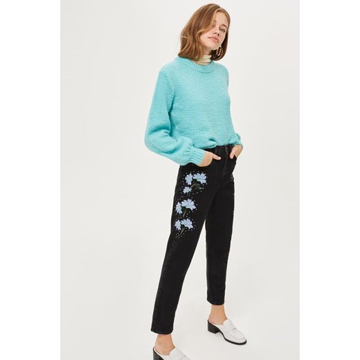 MOTO Black Floral Print Embroidered Mom Jeans mietowy Topshop  