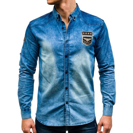 Koszula męska jeansowa z długim rękawem niebieska Denley 0992