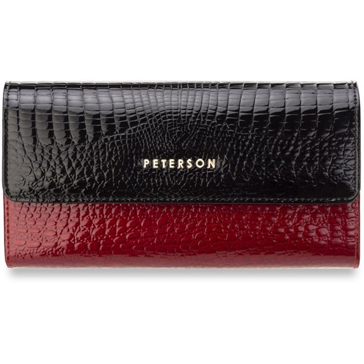 Poziomy portfel damski peterson lakierowana skóra naturalna - czarno-czerwony