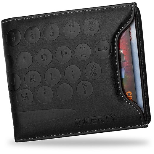 Oryginalny męski portfel qwerty na karty pay pass  czarny obszyty białą nicią