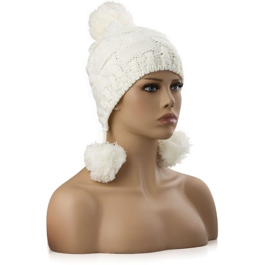 Przeplatana czapka damska z pomponami  - biała