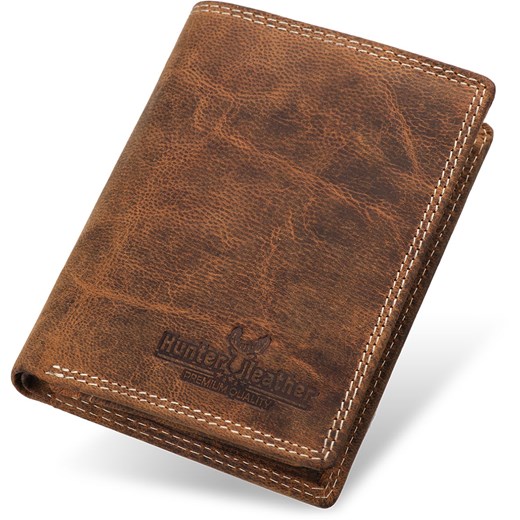 Pionowy portfel męski z postarzanej skóry naturalnej – brązowy brazowy Hunter Leather  world-style.pl