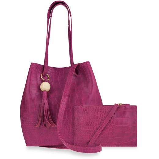 Modny shopper torebka damska worek krokodyli wzór frędzle + saszetka – różowy fioletowy   world-style.pl
