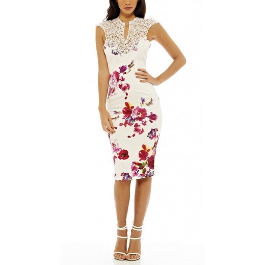 OŁÓWKOWA SUKIENKA BODYCON W KWIATY OZDOBNY HAFT bezowy Lovetrendy M lovetrendy.pl