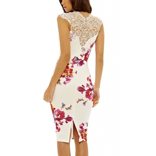 OŁÓWKOWA SUKIENKA BODYCON W KWIATY OZDOBNY HAFT Lovetrendy bezowy L lovetrendy.pl